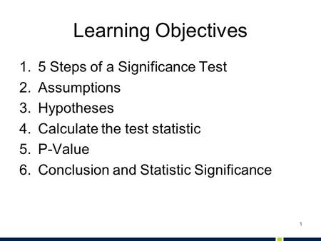 Learning Objectives 5 Steps of a Significance Test Assumptions