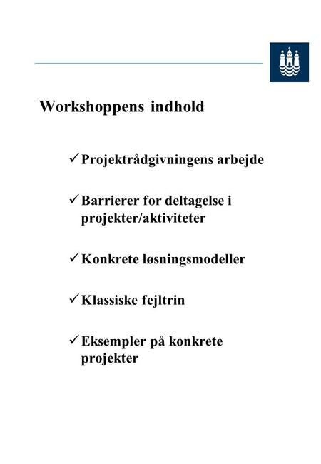 Workshoppens indhold Projektrådgivningens arbejde Barrierer for deltagelse i projekter/aktiviteter Konkrete løsningsmodeller Klassiske fejltrin Eksempler.