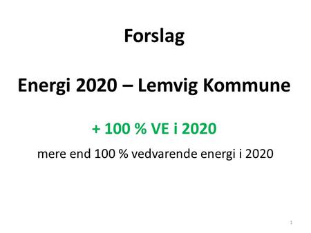 Forslag Energi 2020 – Lemvig Kommune % VE i 2020