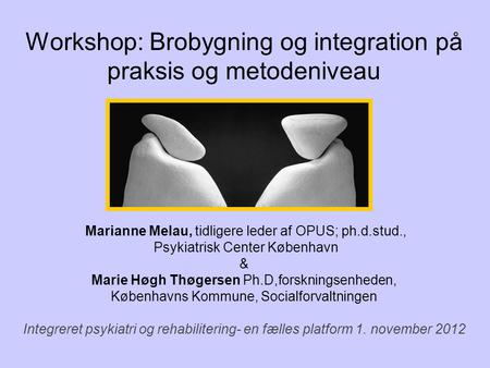 Workshop: Brobygning og integration på praksis og metodeniveau Marianne Melau, tidligere leder af OPUS; ph.d.stud., Psykiatrisk Center København.