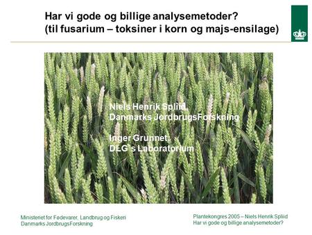 Har vi gode og billige analysemetoder? (til fusarium – toksiner i korn og majs-ensilage) Ministeriet for Fødevarer, Landbrug og Fiskeri Danmarks JordbrugsForskning.