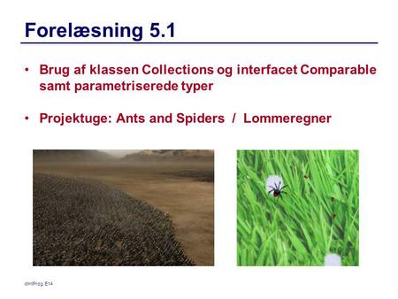 Forelæsning 5.1 Brug af klassen Collections og interfacet Comparable samt parametriserede typer Projektuge: Ants and Spiders / Lommeregner dIntProg,