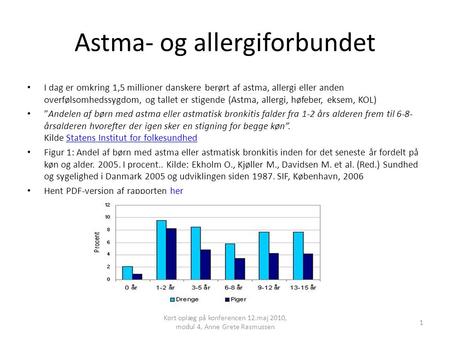 Astma- og allergiforbundet I dag er omkring 1,5 millioner danskere berørt af astma, allergi eller anden overfølsomhedssygdom, og tallet er stigende (Astma,