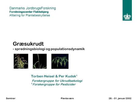 Græsukrudt - spredningsbiologi og populationsdynamik Torben Heisel & Per Kudsk 1 Forskergruppe for Ukrudtsøkologi 1 Forskergruppe for Pesticider Danmarks.