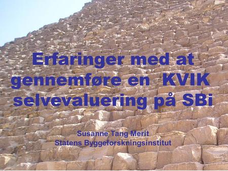 Erfaringer med at gennemføre en KVIK selvevaluering på SBi Susanne Tang Merit Statens Byggeforskningsinstitut.