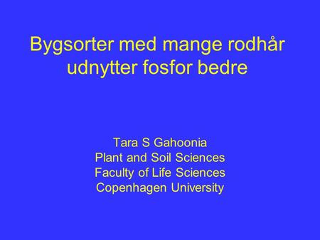 Bygsorter med mange rodhår udnytter fosfor bedre Tara S Gahoonia Plant and Soil Sciences Faculty of Life Sciences Copenhagen University.