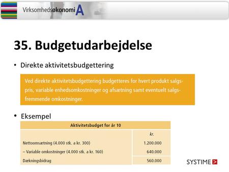 35. Budgetudarbejdelse Direkte aktivitetsbudgettering Eksempel.