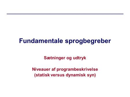 Fundamentale sprogbegreber Sætninger og udtryk Niveauer af programbeskrivelse (statisk versus dynamisk syn)