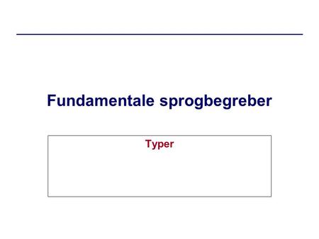 Fundamentale sprogbegreber Typer. dIntProg, F08Typer.2 Typer Primitive typer –boolean –byte, char, short, int, long, float, double Objekttyper –klassetype.