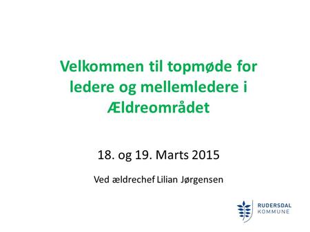 Velkommen til topmøde for ledere og mellemledere i Ældreområdet 18. og 19. Marts 2015 Ved ældrechef Lilian Jørgensen.