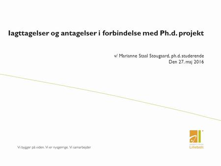 Iagttagelser og antagelser i forbindelse med Ph.d. projekt v/ Marianne Staal Stougaard, ph.d. studerende Den 27. maj 2016.