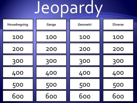 Jeopardy Hovedregning Gange Geometri Diverse 100 100 100 100 100 100