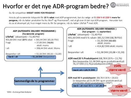 ADR (AUTOMATIC DELIVERY REWARDS ) (Nyt program - 1. september) LifePak ® (eksempel) – 72,40 PSV 401,60 DKK med 5 % rabat= 381,52 DKK (68,78 PSV) Fragt.