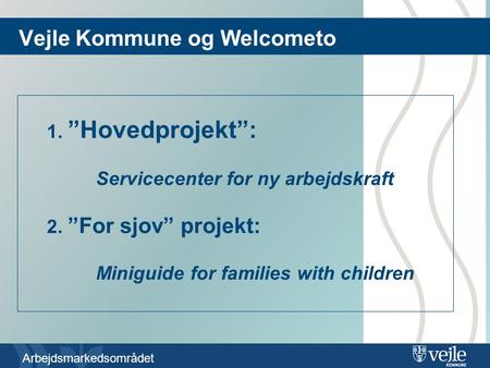 Arbejdsmarkedsområdet Vejle Kommune og Welcometo 1. ”Hovedprojekt”: Servicecenter for ny arbejdskraft 2. ”For sjov” projekt: Miniguide for families with.