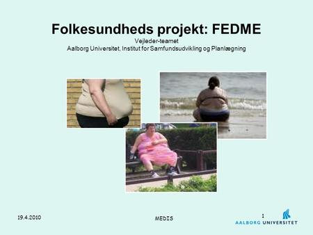 Folkesundheds projekt: FEDME Vejleder-teamet Aalborg Universitet, Institut for Samfundsudvikling og Planlægning 19.4.2010 MEDIS.