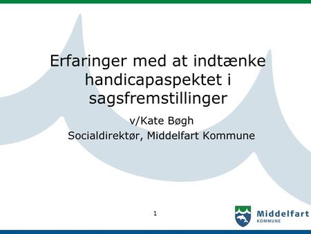 1 Erfaringer med at indtænke handicapaspektet i sagsfremstillinger v/Kate Bøgh Socialdirektør, Middelfart Kommune.