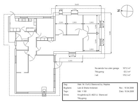 N Nuværnde hus uden garage: 107,0 m² Tilbygning: 63,3 m²