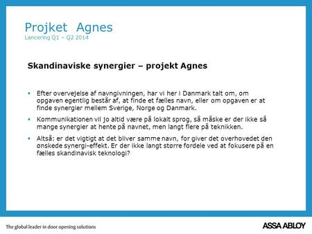 Skandinaviske synergier – projekt Agnes  Efter overvejelse af navngivningen, har vi her i Danmark talt om, om opgaven egentlig består af, at finde et.