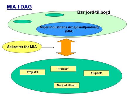 MIA I DAG Sekretær for MIA Projekt X Projekt Y Bar jord til bord Projekt Z Mejeriindustriens Arbejdsmiljøudvalg (MIA) Bar jord til bord.