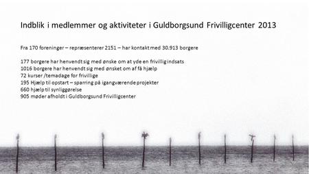 Indblik i medlemmer og aktiviteter i Guldborgsund Frivilligcenter 2013 Fra 170 foreninger – repræsenterer 2151 – har kontakt med 30.913 borgere 177 borgere.