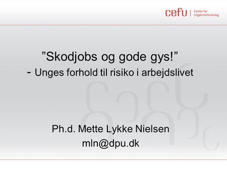 ”Skodjobs og gode gys!” - Unges forhold til risiko i arbejdslivet Ph.d. Mette Lykke Nielsen