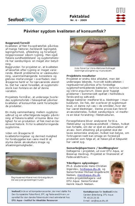 Påvirker sygdom kvaliteten af konsumfisk? Faktablad Nr. 6 - 2009 Baggrund/formål Kvaliteten af filet fra opdrætsfisk påvirkes af mange faktorer, heriblandt.