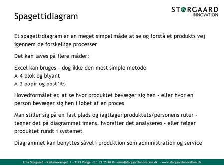 Spagettidiagram Et spagettidiagram er en meget simpel måde at se og forstå et produkts vej igennem de forskellige processer Det kan laves på flere måder: