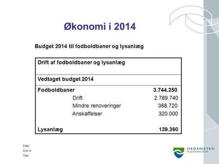 Økonomi i 2014 Drift af fodboldbaner og lysanlæg Vedtaget budget 2014