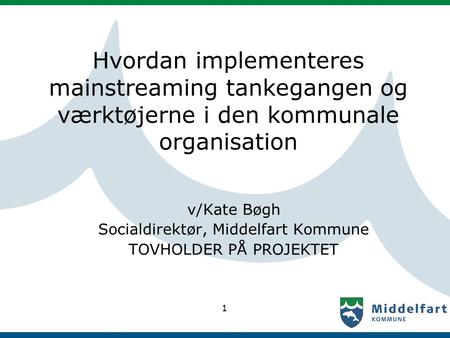 1 Hvordan implementeres mainstreaming tankegangen og værktøjerne i den kommunale organisation v/Kate Bøgh Socialdirektør, Middelfart Kommune TOVHOLDER.