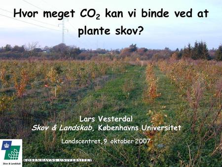 Hvor meget CO 2 kan vi binde ved at plante skov? Lars Vesterdal Skov & Landskab, Københavns Universitet Landscentret, 9. oktober 2007.