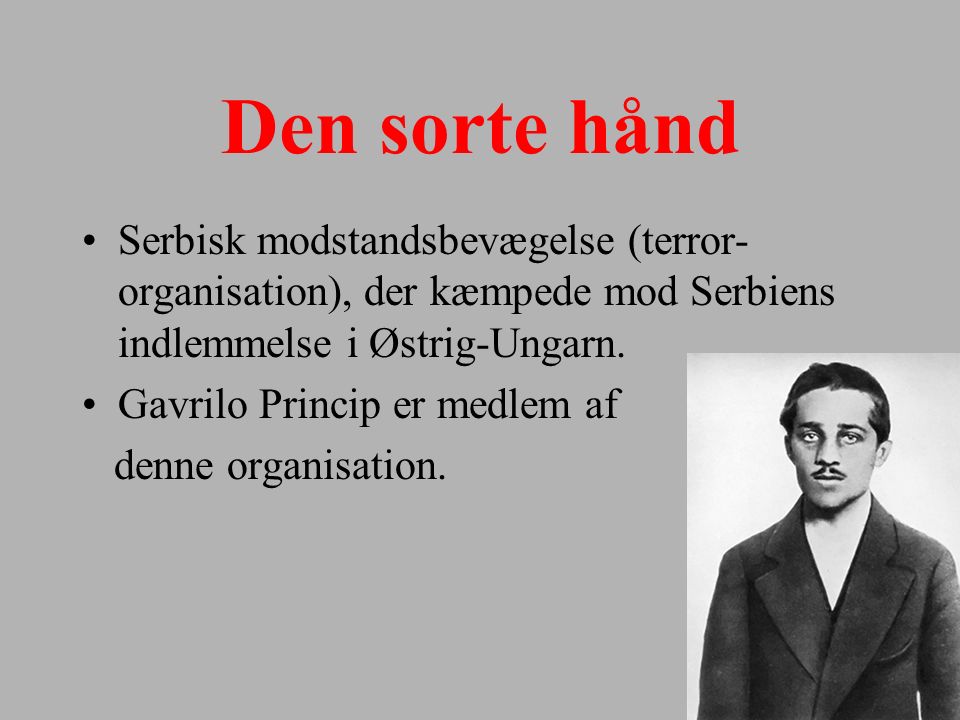 Den sorte hånd Serbisk modstandsbevægelse (terror-organisation), der kæmpede mod Serbiens indlemmelse i Østrig-Ungarn.