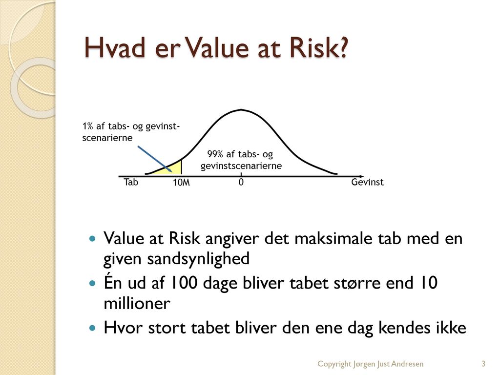 Hvad er Value at Risk Value at Risk angiver det maksimale tab med en given sandsynlighed. Én ud af 100 dage bliver tabet større end 10 millioner.