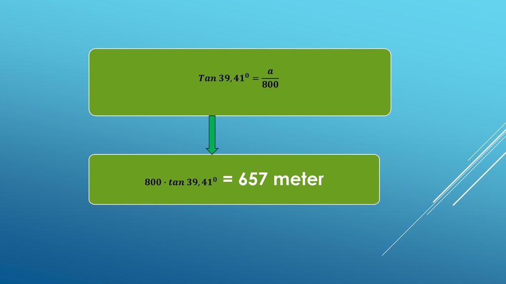 𝑻𝒂𝒏 𝟑𝟗,𝟒𝟏 𝟎 = 𝒂 𝟖𝟎𝟎 𝟖𝟎𝟎∙𝒕𝒂𝒏 𝟑𝟗,𝟒𝟏 𝟎 = 657 meter