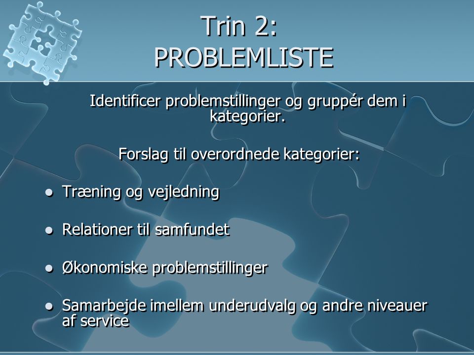 Trin 2: PROBLEMLISTE Identificer problemstillinger og gruppér dem i kategorier. Forslag til overordnede kategorier: