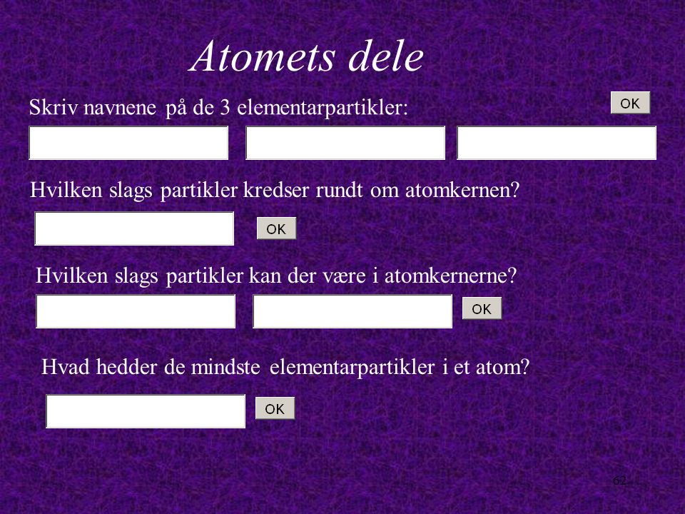 Atomets dele Skriv navnene på de 3 elementarpartikler: