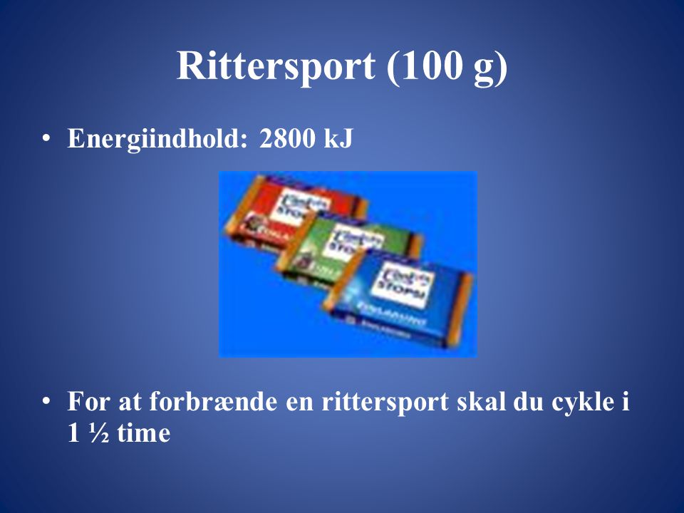 Rittersport (100 g) Energiindhold: 2800 kJ