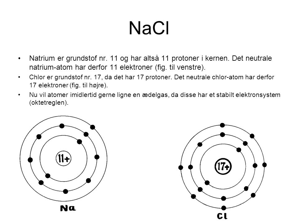 NaCl Natrium er grundstof nr. 11 og har altså 11 protoner i kernen. Det neutrale natrium-atom har derfor 11 elektroner (fig. til venstre).