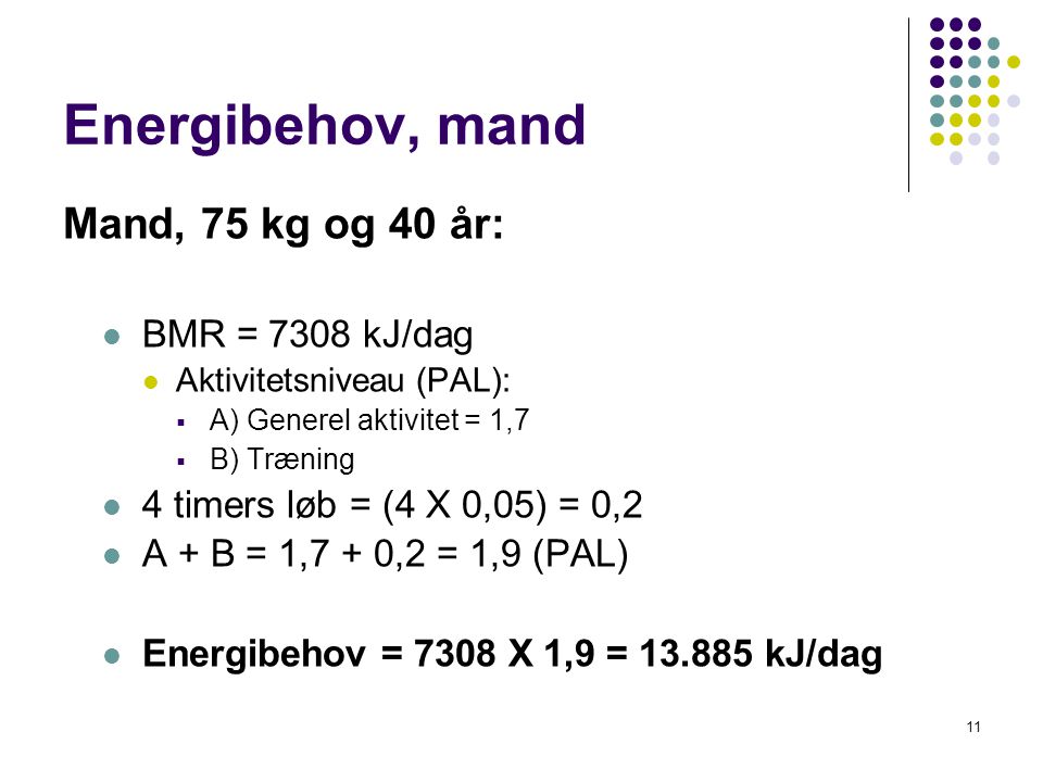 Energibehov, mand Mand, 75 kg og 40 år: BMR = 7308 kJ/dag