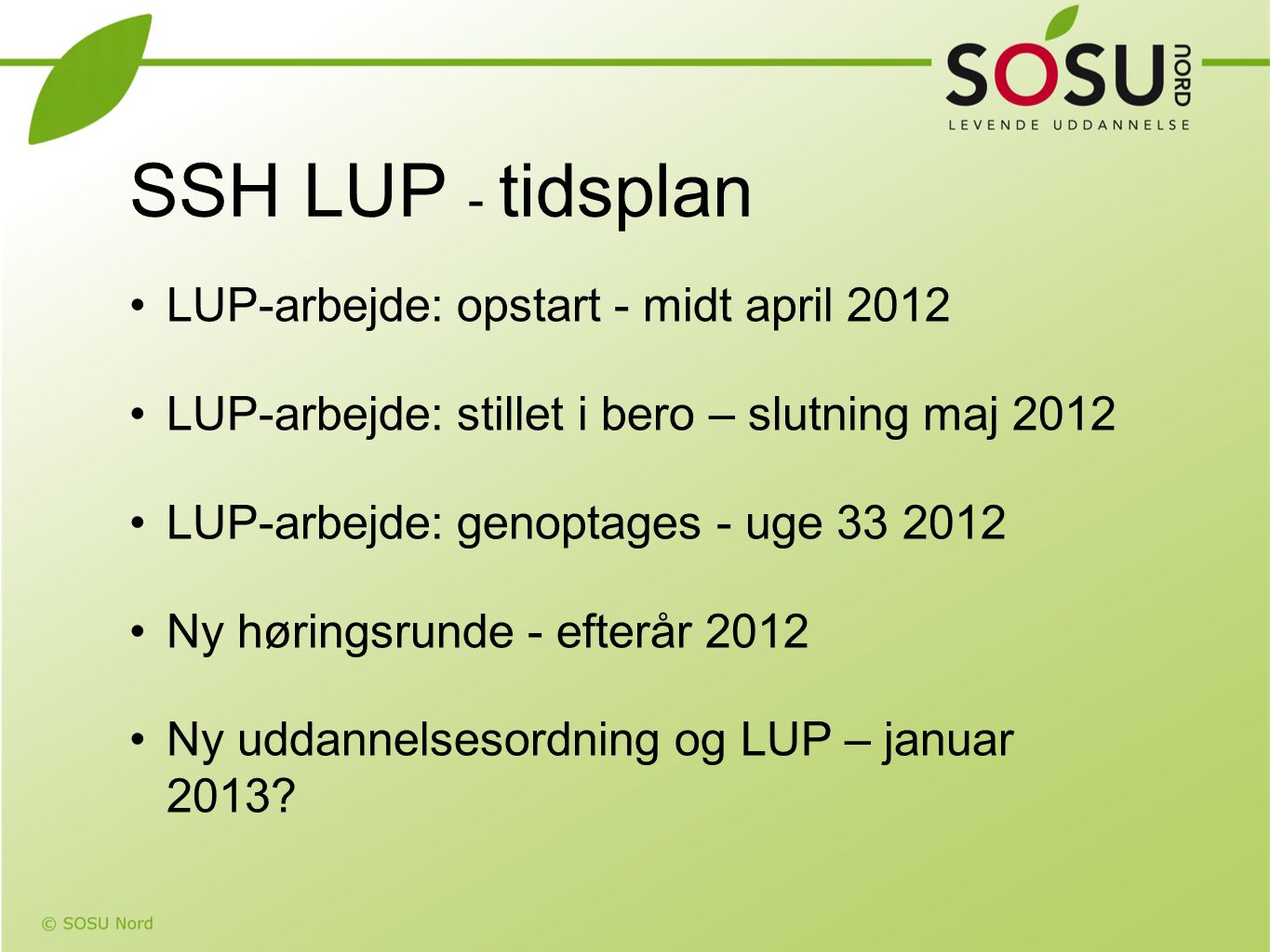 SSH LUP - tidsplan LUP-arbejde: opstart - midt april 2012