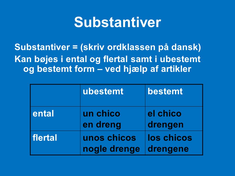 Substantiver Substantiver = (skriv ordklassen på dansk)
