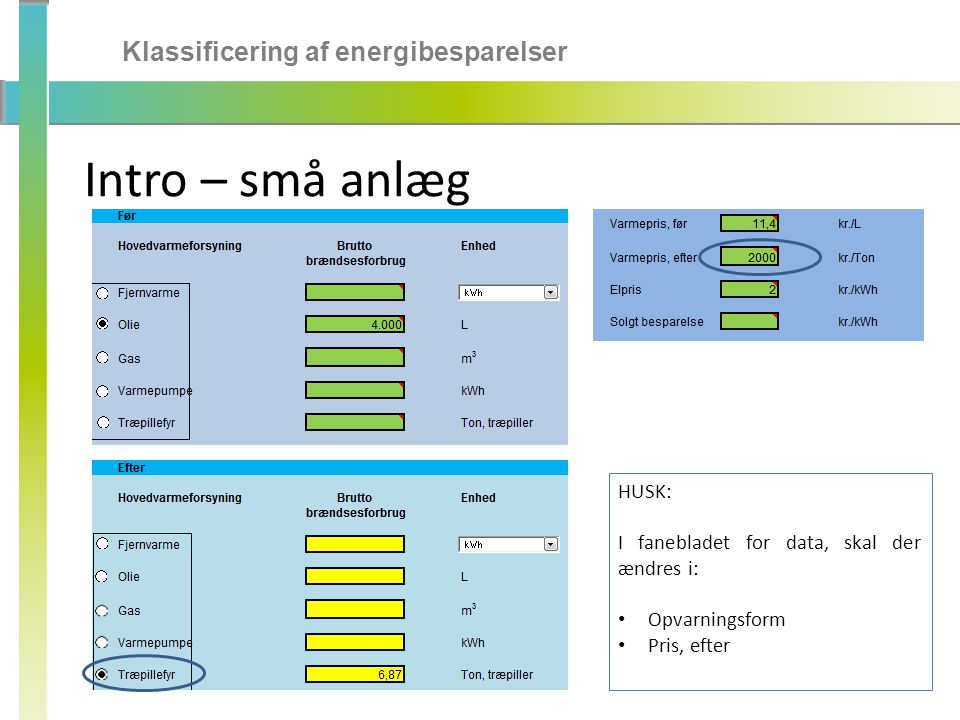 Intro – små anlæg Klassificering af energibesparelser HUSK: