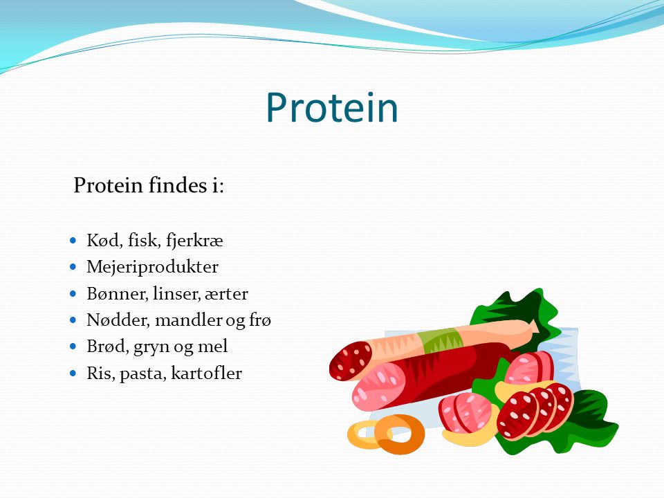 Protein Protein findes i: Kød, fisk, fjerkræ Mejeriprodukter