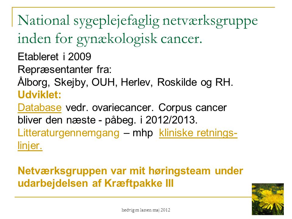 National sygeplejefaglig netværksgruppe inden for gynækologisk cancer.
