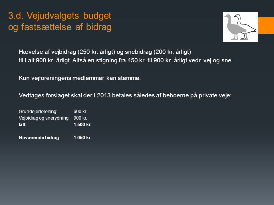 3.d. Vejudvalgets budget og fastsættelse af bidrag