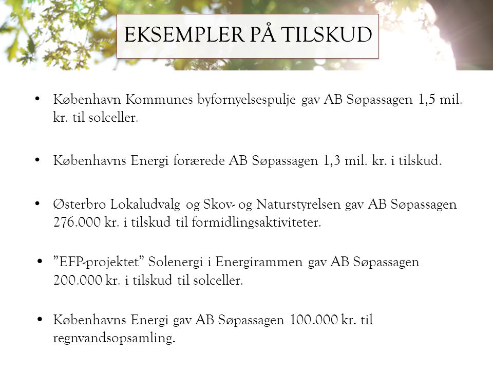 EKSEMPLER PÅ TILSKUD København Kommunes byfornyelsespulje gav AB Søpassagen 1,5 mil. kr. til solceller.