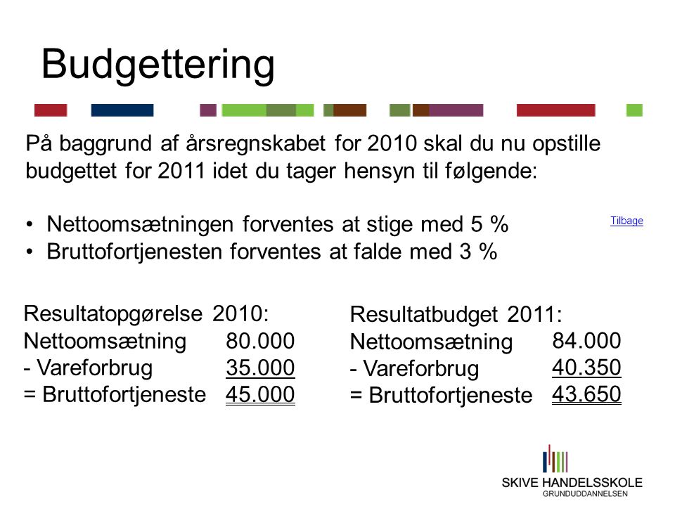 Budgettering På baggrund af årsregnskabet for 2010 skal du nu opstille budgettet for 2011 idet du tager hensyn til følgende: