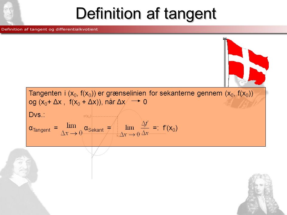 Definition af tangent Tangenten i (x0, f(x0)) er grænselinien for sekanterne gennem (x0, f(x0)) og (x0+ Δx , f(x0 + Δx)), når Δx 0.