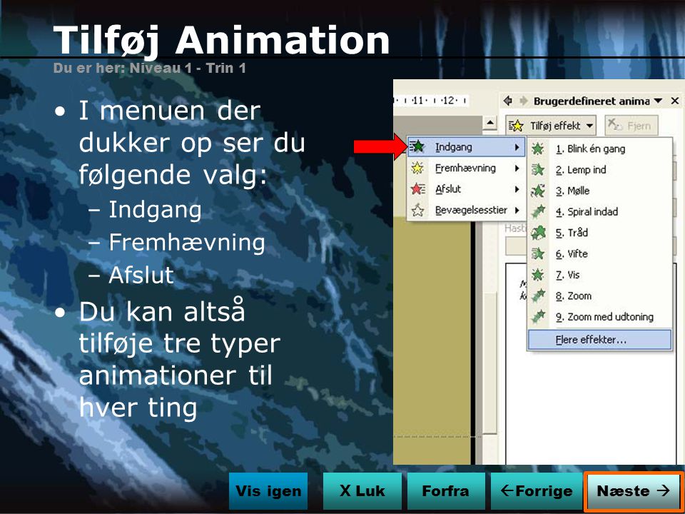 Tilføj Animation I menuen der dukker op ser du følgende valg: