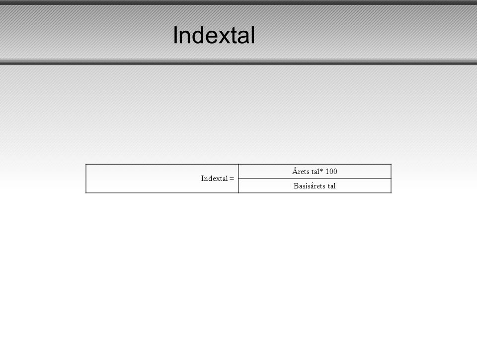 Indextal Indextal = Årets tal* 100 Basisårets tal