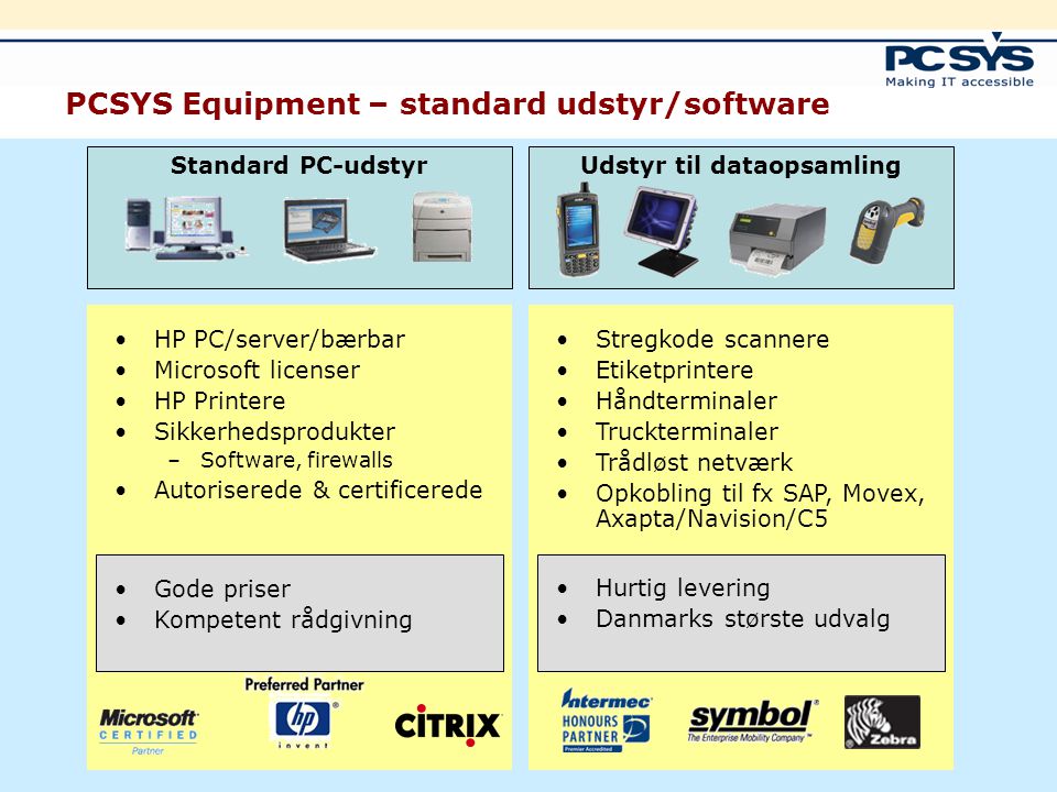 PCSYS Equipment – standard udstyr/software